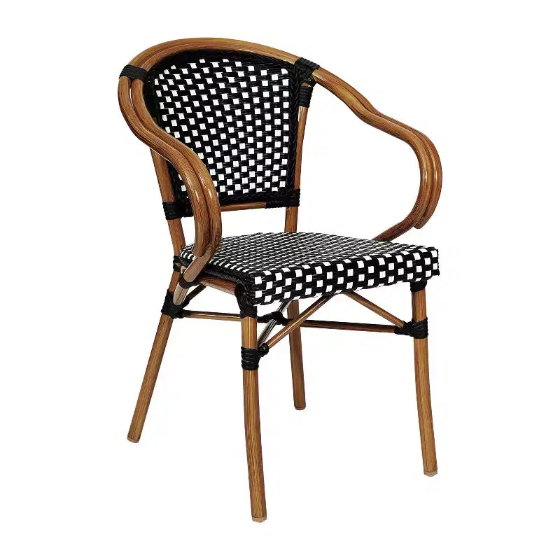 Merrick Lane Sacha Stacking Thonet Bistro Style Chair with Arms, PE Rattan Seat, and Bamboo Finished Metal Frame for Indoor/Outdoor Use