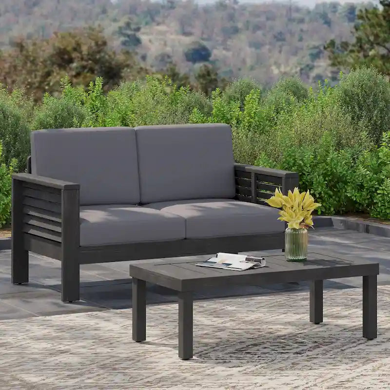 Divanetto da esterno e tavolino da caffè Louver in legno di acacia con cuscini di Christopher Knight Home