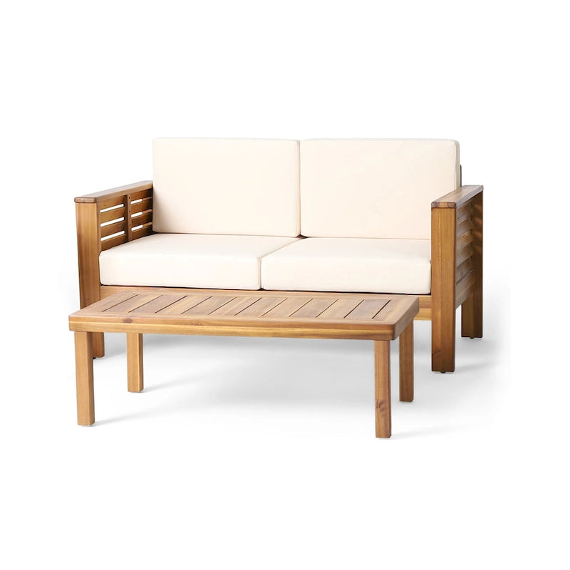 Divanetto da esterno e tavolino da caffè Louver in legno di acacia con cuscini di Christopher Knight Home