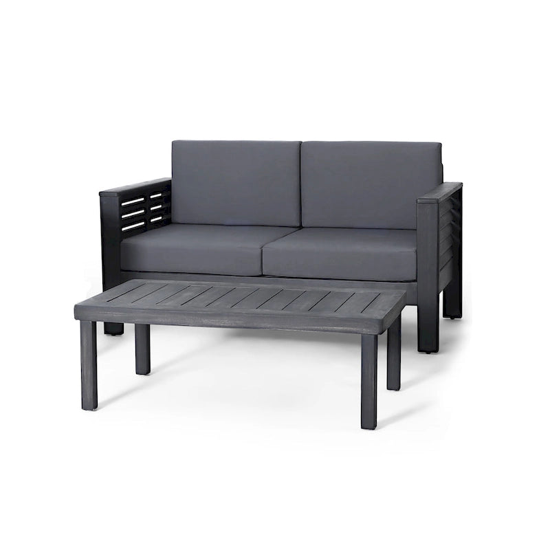 Divanetto da esterno e tavolino da caffè Louver in legno di acacia con cuscini di Christopher Knight Home