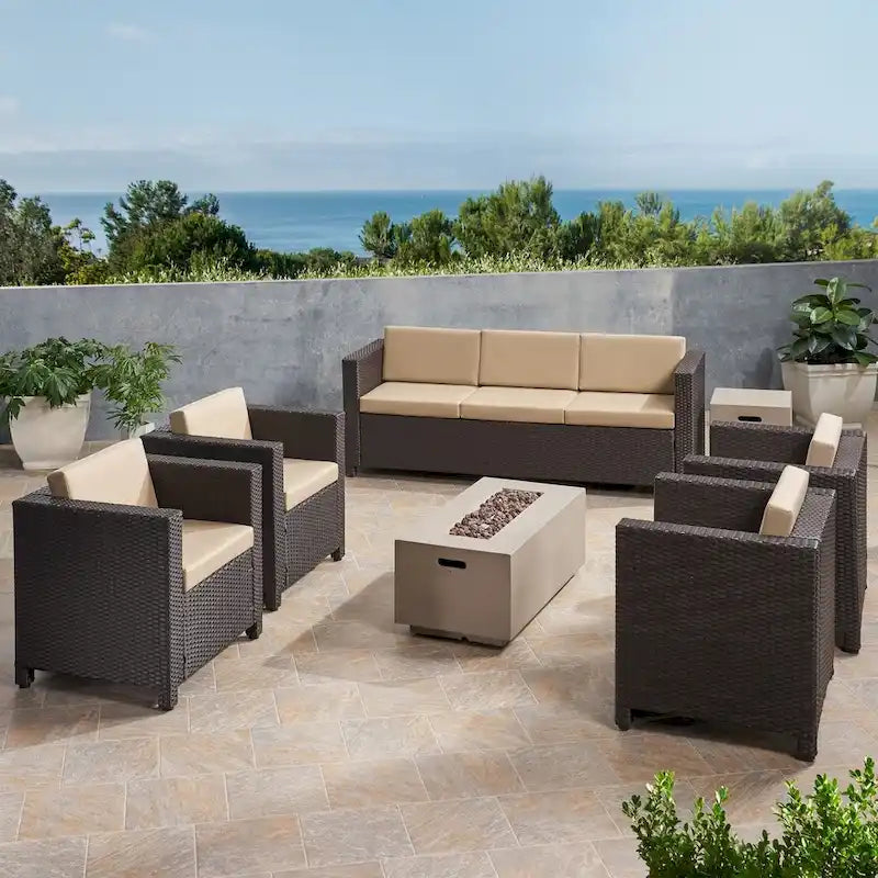 Salon de jardin 7 places en osier Hammersmith avec foyer par Christopher Knight Home