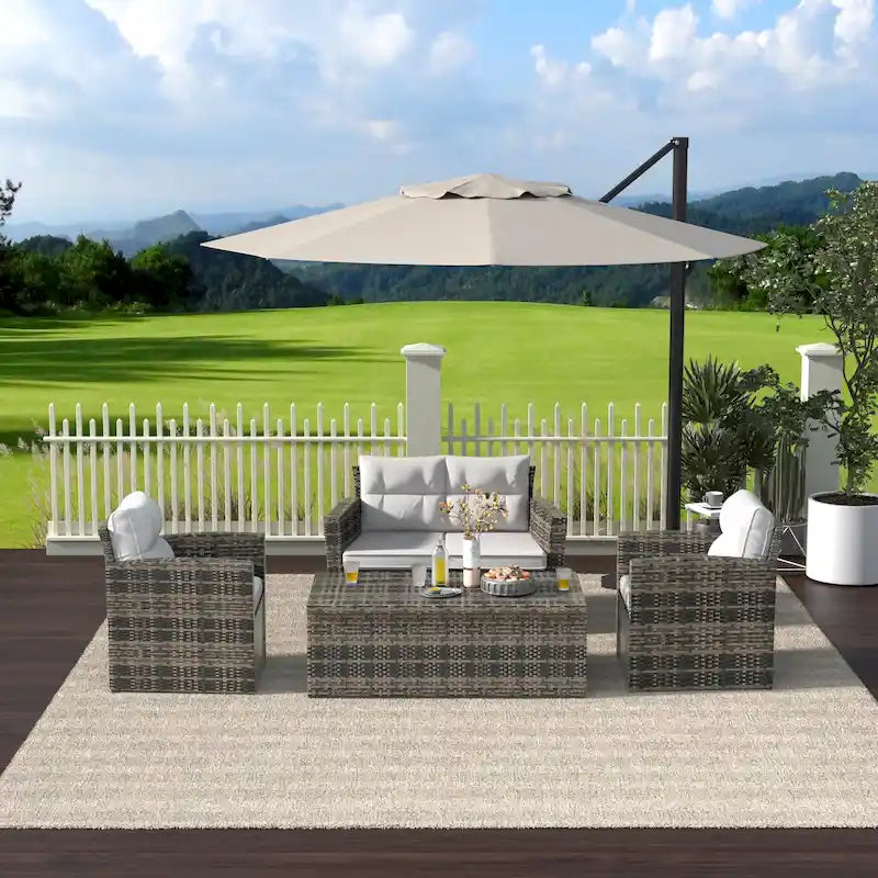 Set da patio e tavolino contenitore Cruz a 4 pezzi in vimini per esterni con cuscini