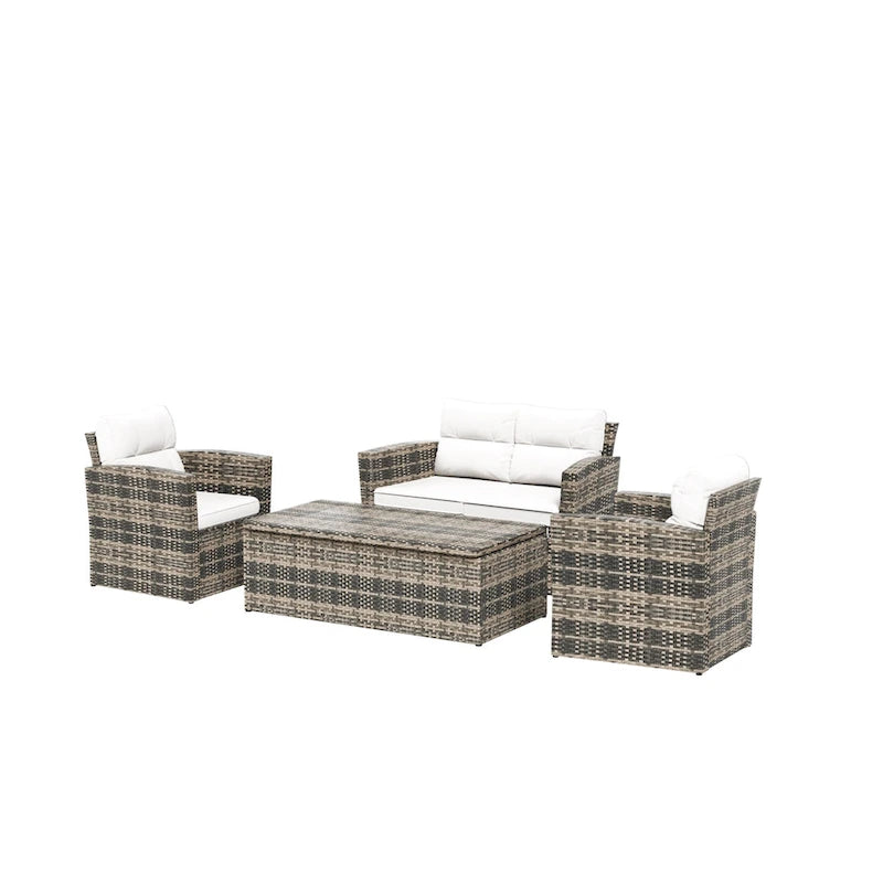 Set da patio e tavolino contenitore Cruz a 4 pezzi in vimini per esterni con cuscini