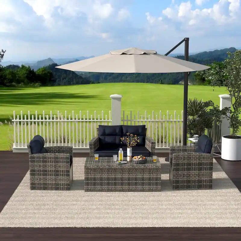 Set da patio e tavolino contenitore Cruz a 4 pezzi in vimini per esterni con cuscini