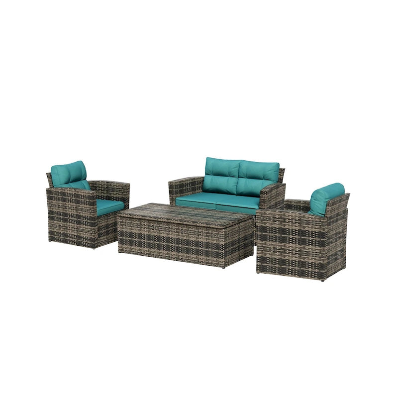 Set da patio e tavolino contenitore Cruz a 4 pezzi in vimini per esterni con cuscini
