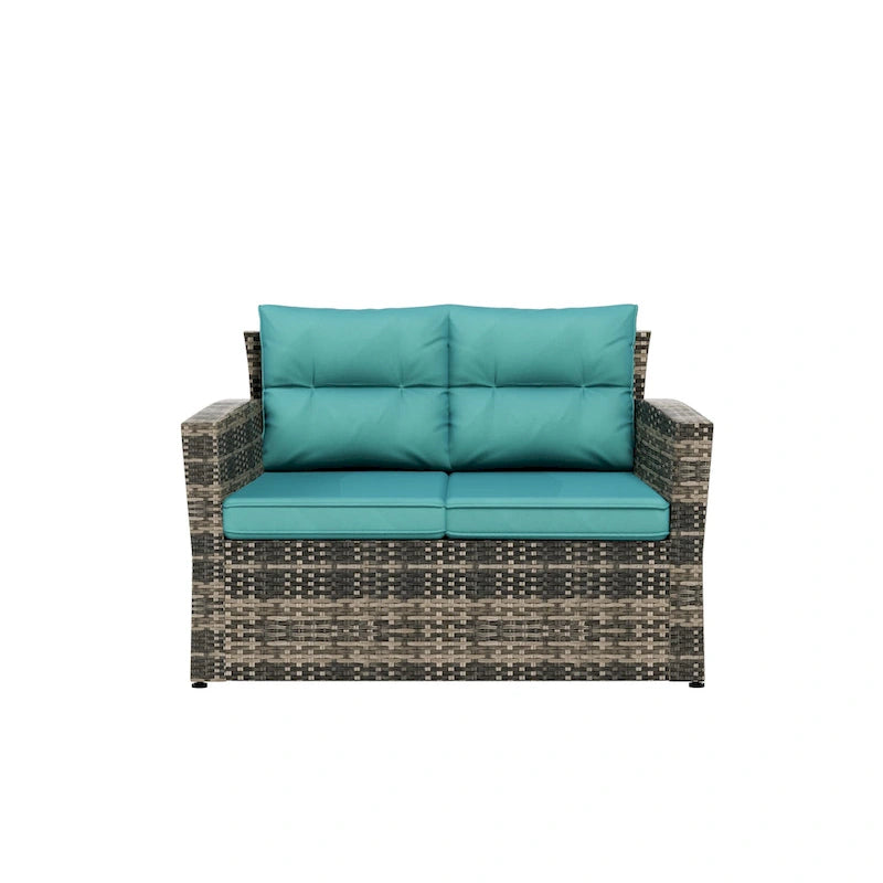Set da patio e tavolino contenitore Cruz a 4 pezzi in vimini per esterni con cuscini
