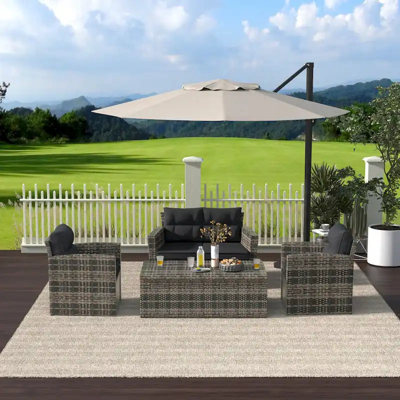 Set da patio e tavolino contenitore Cruz a 4 pezzi in vimini per esterni con cuscini