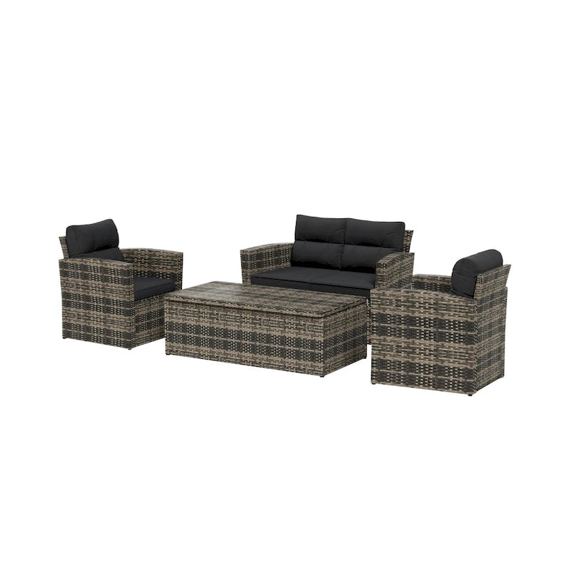 Set da patio e tavolino contenitore Cruz a 4 pezzi in vimini per esterni con cuscini