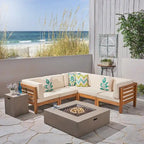 Oana Outdoor 7-Piece V-Shaped Acacia Wood Sectional Sofa Set with Fire Pit by Christopher Knight Home