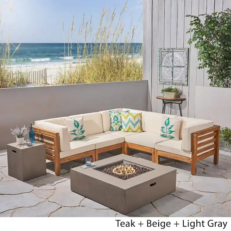 Divano sezionale a 7 posti a V Oana Outdoor in legno di acacia con braciere di Christopher Knight Home