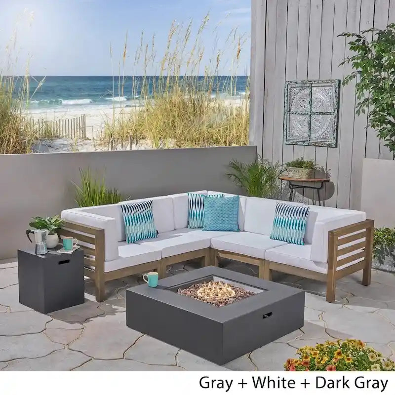 Divano sezionale a 7 posti a V Oana Outdoor in legno di acacia con braciere di Christopher Knight Home