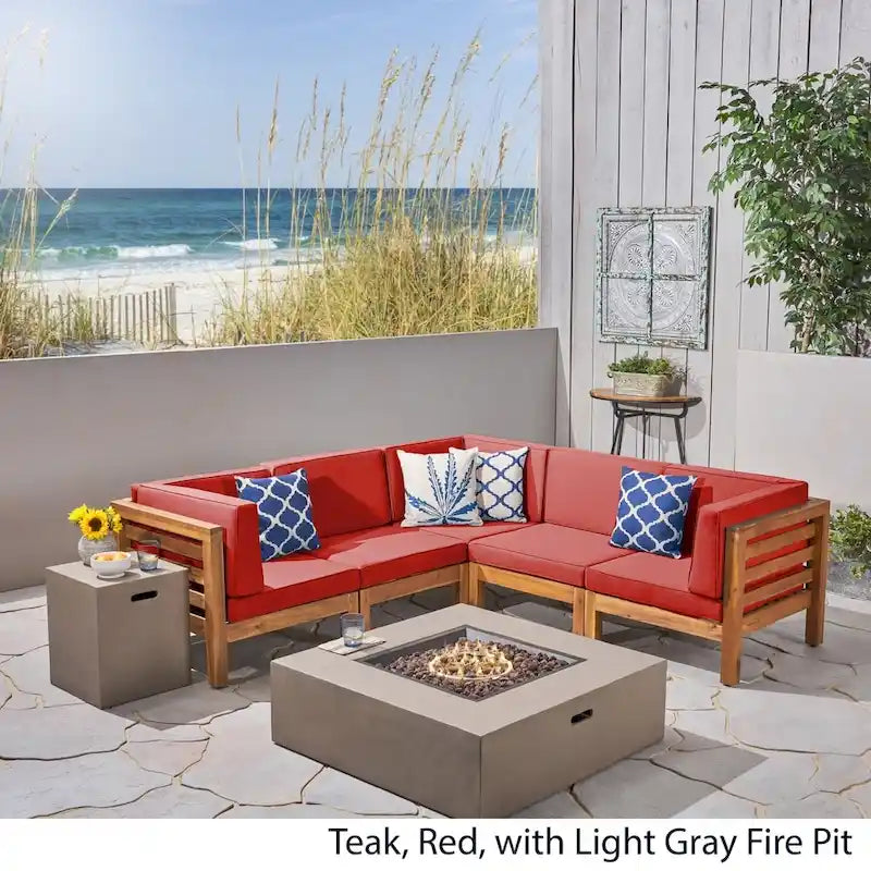 Divano sezionale a 7 posti a V Oana Outdoor in legno di acacia con braciere di Christopher Knight Home