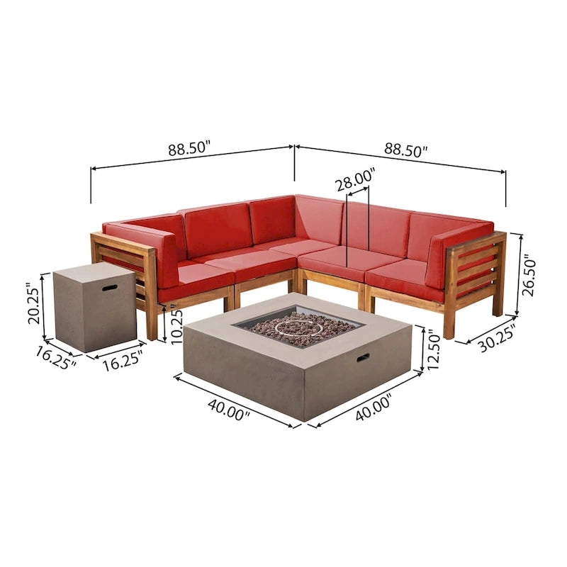 Divano sezionale a 7 posti a V Oana Outdoor in legno di acacia con braciere di Christopher Knight Home