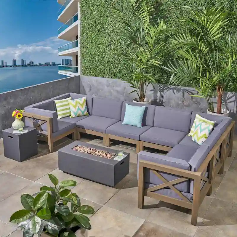 Set divano componibile a U a 8 posti Brava Outdoor in legno di acacia con braciere di Christopher Knight Home