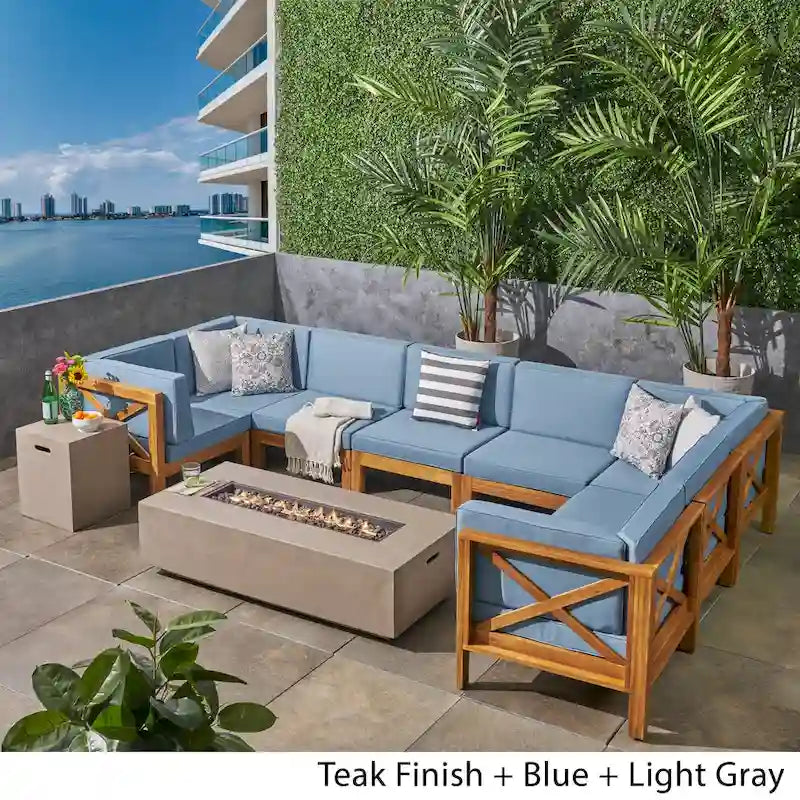 Set divano componibile a U a 8 posti Brava Outdoor in legno di acacia con braciere di Christopher Knight Home