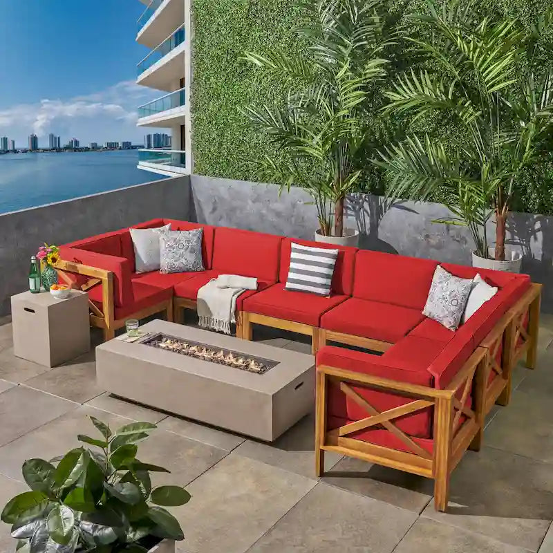 Set divano componibile a U a 8 posti Brava Outdoor in legno di acacia con braciere di Christopher Knight Home