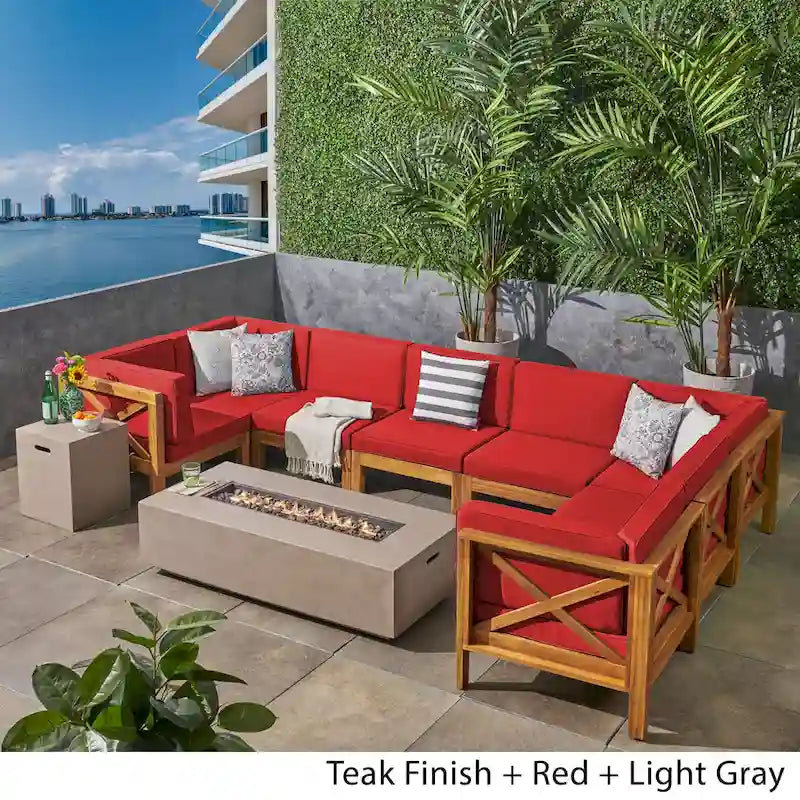 Set divano componibile a U a 8 posti Brava Outdoor in legno di acacia con braciere di Christopher Knight Home