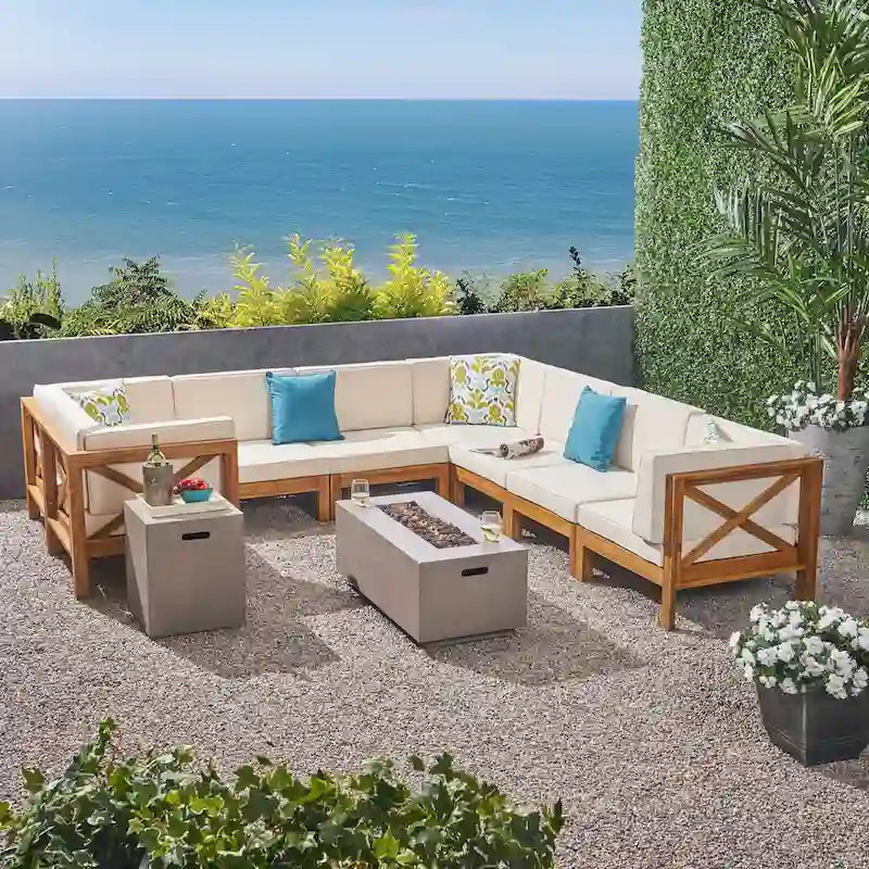 Set divano componibile a U a 8 posti Brava Outdoor in legno di acacia con braciere di Christopher Knight Home