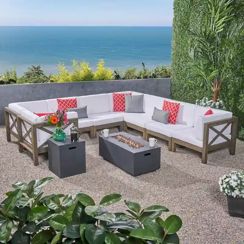 Set divano componibile a U a 8 posti Brava Outdoor in legno di acacia con braciere di Christopher Knight Home