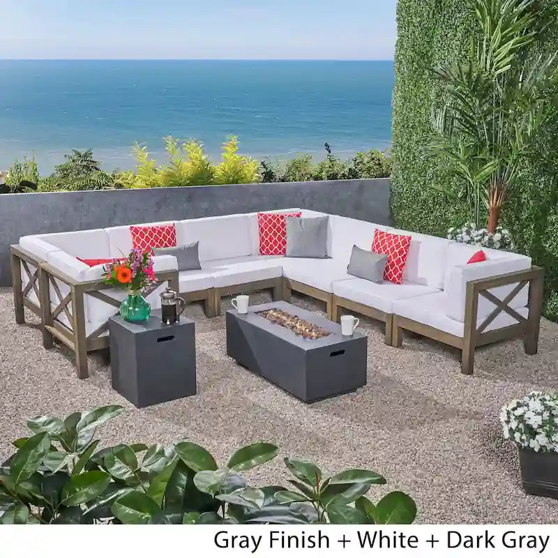 Set divano componibile a U a 8 posti Brava Outdoor in legno di acacia con braciere di Christopher Knight Home
