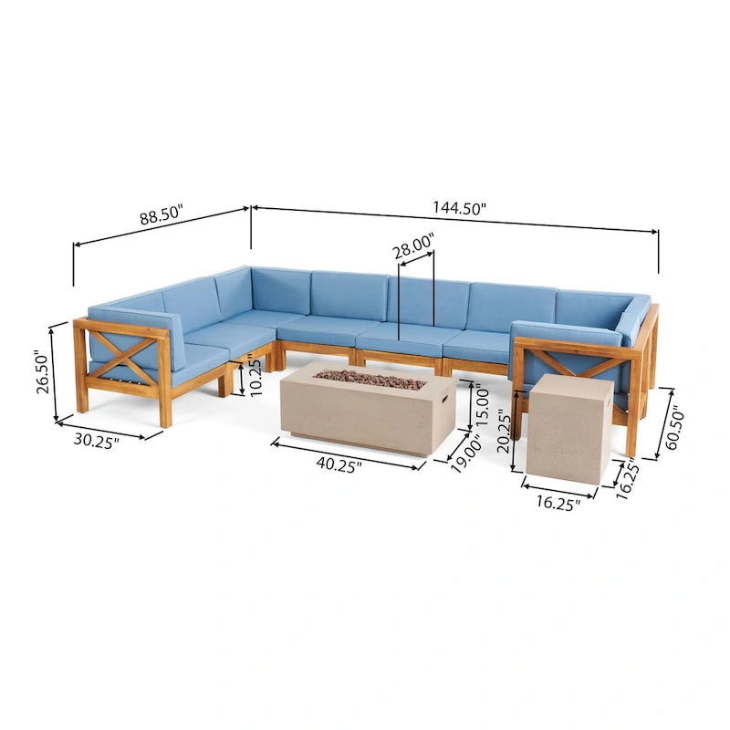 Set divano componibile a U a 8 posti Brava Outdoor in legno di acacia con braciere di Christopher Knight Home