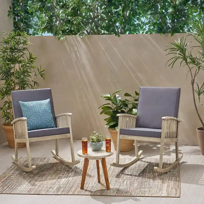 Alametos Outdoor 2 Seater Acacia Wood Rocking Chairs and Side Table Set by Christopher Knight Home