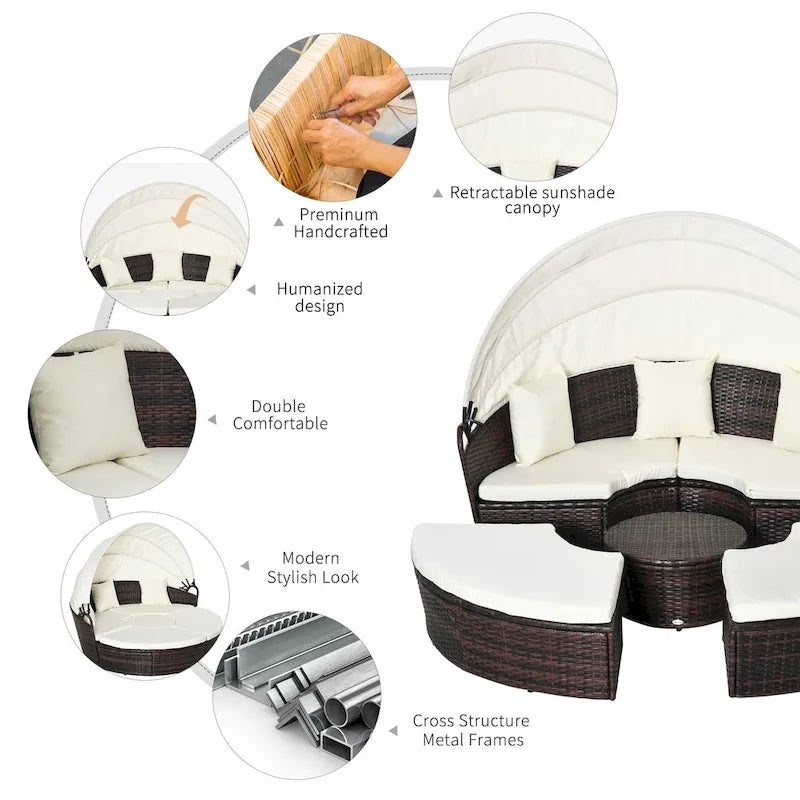 Outsunny Set 4 Pezzi con Cuscini per Esterno, Divano Rotondo in Rattan O Lettino a Semicerchio con Baldacchino