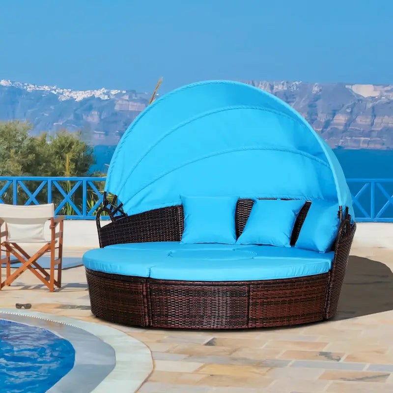 Outsunny Set 4 Pezzi con Cuscini per Esterno, Divano Rotondo in Rattan O Lettino a Semicerchio con Baldacchino