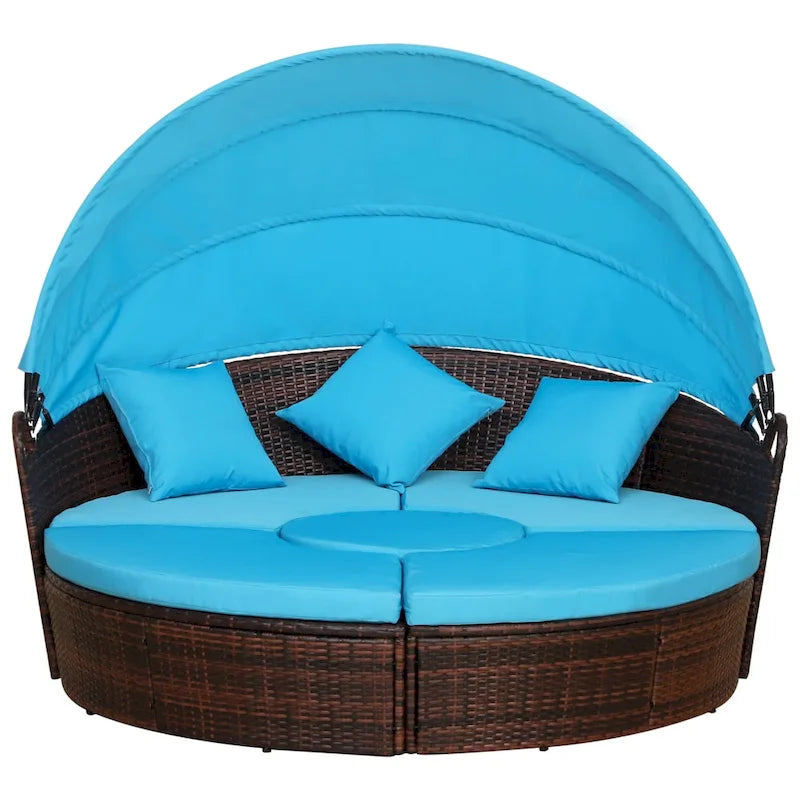 Outsunny Set 4 Pezzi con Cuscini per Esterno, Divano Rotondo in Rattan O Lettino a Semicerchio con Baldacchino