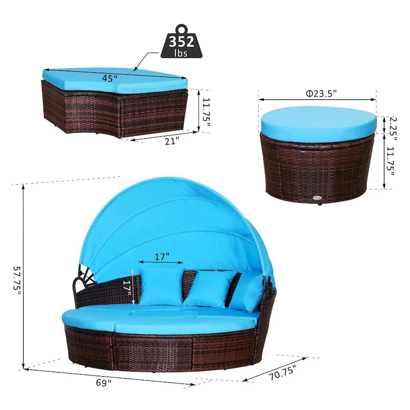 Outsunny Set 4 Pezzi con Cuscini per Esterno, Divano Rotondo in Rattan O Lettino a Semicerchio con Baldacchino