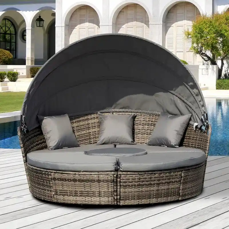 Outsunny Set 4 Pezzi con Cuscini per Esterno, Divano Rotondo in Rattan O Lettino a Semicerchio con Baldacchino
