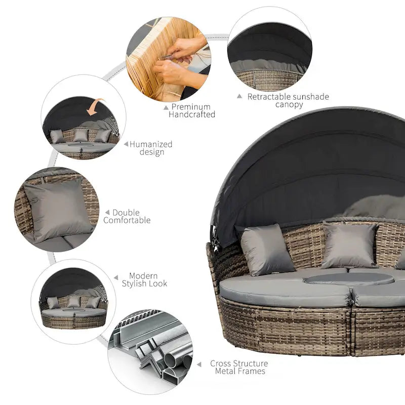 Outsunny Set 4 Pezzi con Cuscini per Esterno, Divano Rotondo in Rattan O Lettino a Semicerchio con Baldacchino