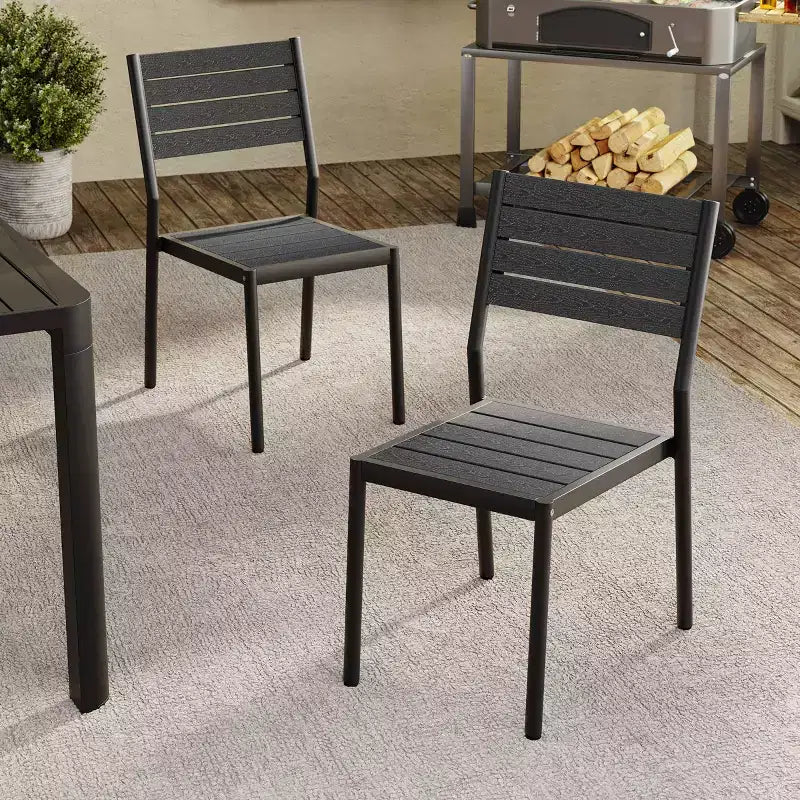 Crestlive Products Set of 2 Outdoor Stackable Armless Dining Chair Aluminum Frame&Wood-Grain