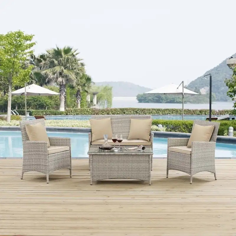 Modway Bridge, Set da esterno da 4 pezzi in rattan con cuscini