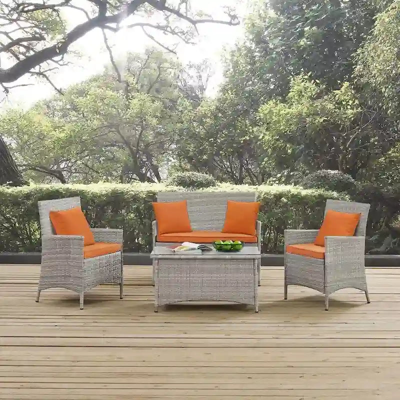 Modway Bridge, Set da esterno da 4 pezzi in rattan con cuscini