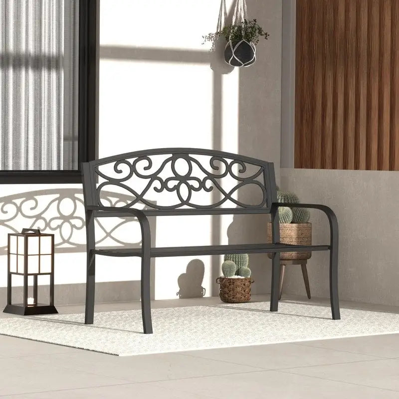 Patio Outdoor Garden Bench with Anti-Rust Steel Metal Frame & Backrest - 50 L x 16.3 W x 34 H