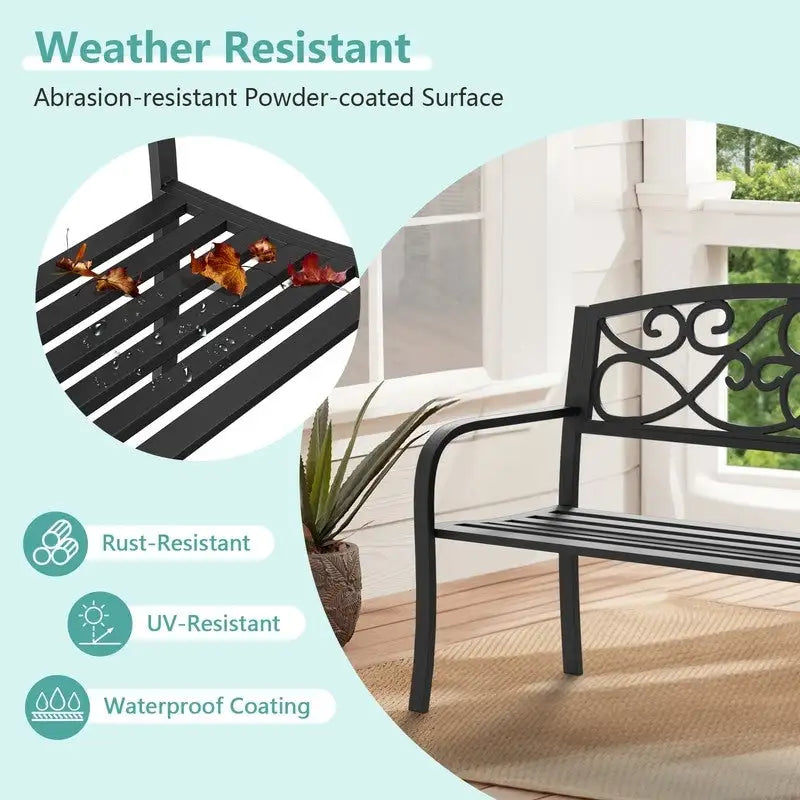 Panchina da Esterno per Patio e Giardino con Struttura in Metallo e Schienale Antiruggine - 50 L x 16.3 W x 34 H