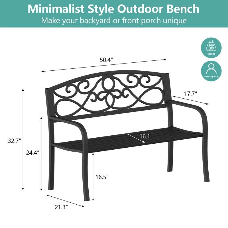 Panchina da Esterno per Patio e Giardino con Struttura in Metallo e Schienale Antiruggine - 50 L x 16.3 W x 34 H