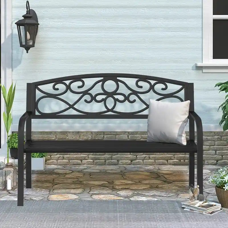 Panchina da Esterno per Patio e Giardino con Struttura in Metallo e Schienale Antiruggine - 50 L x 16.3 W x 34 H