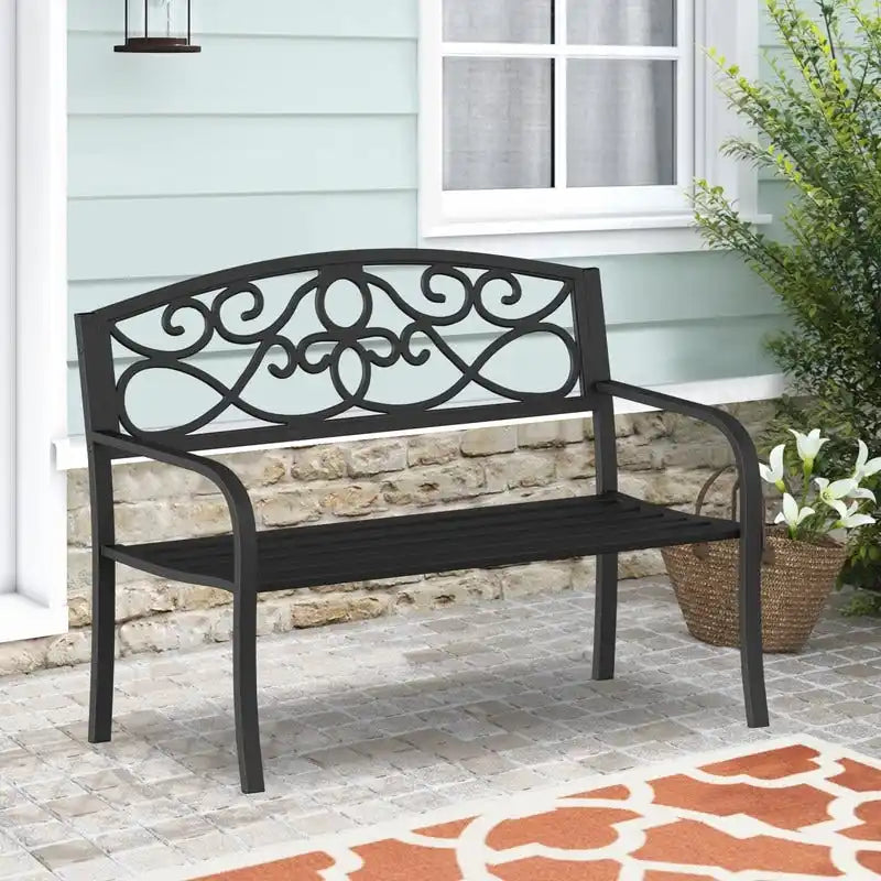 Panchina da Esterno per Patio e Giardino con Struttura in Metallo e Schienale Antiruggine - 50 L x 16.3 W x 34 H