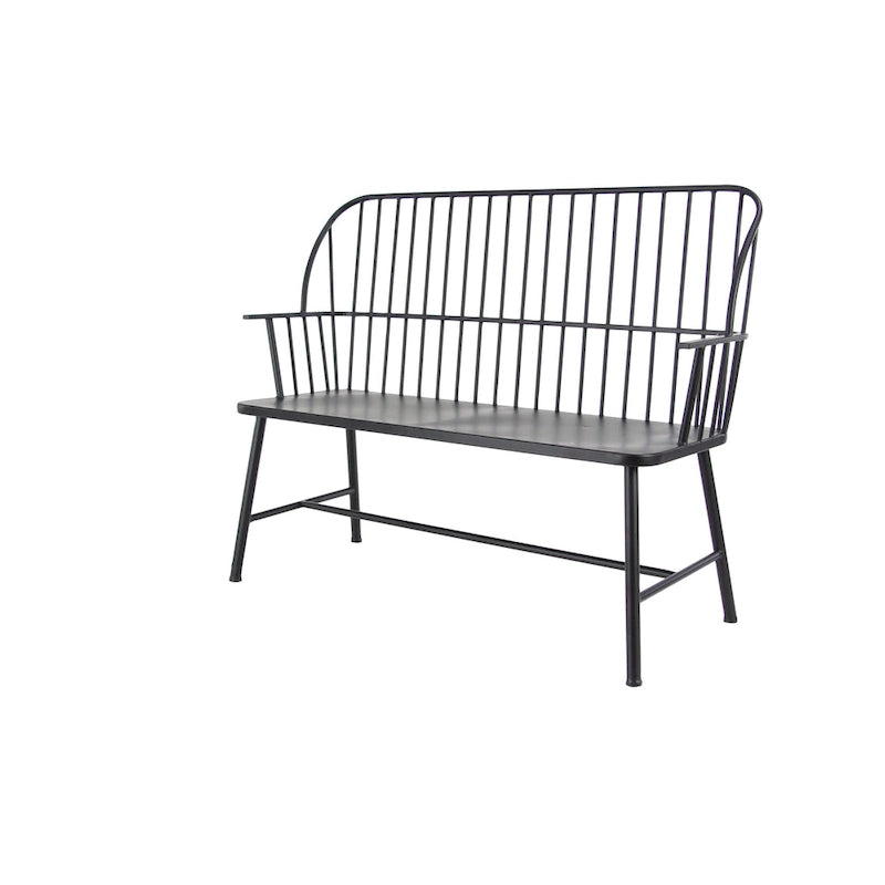Panca da esterno con schienale alto in metallo stile griglia, gambe a cavalletto e braccioli - Nera - Roche River Decor - 19Lx48Px38A