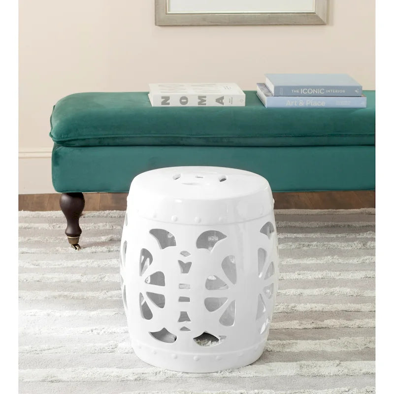 Tabouret de jardin décoratif SAFAVIEH Rivkah Stencil en céramique blanche antique à motifs de fleurs