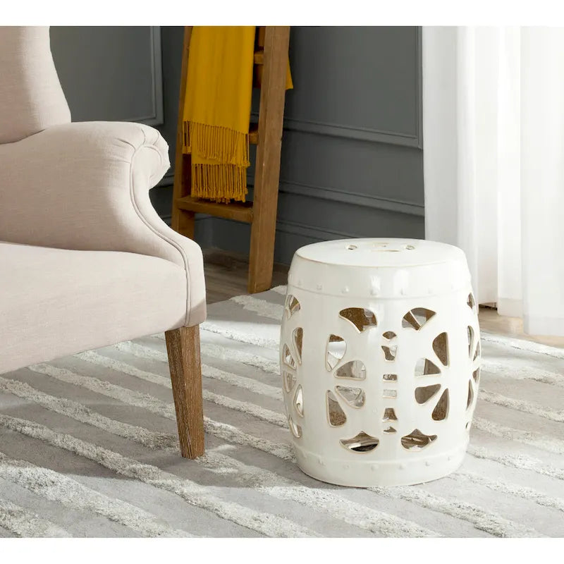 Tabouret de jardin décoratif SAFAVIEH Rivkah Stencil en céramique blanche antique à motifs de fleurs