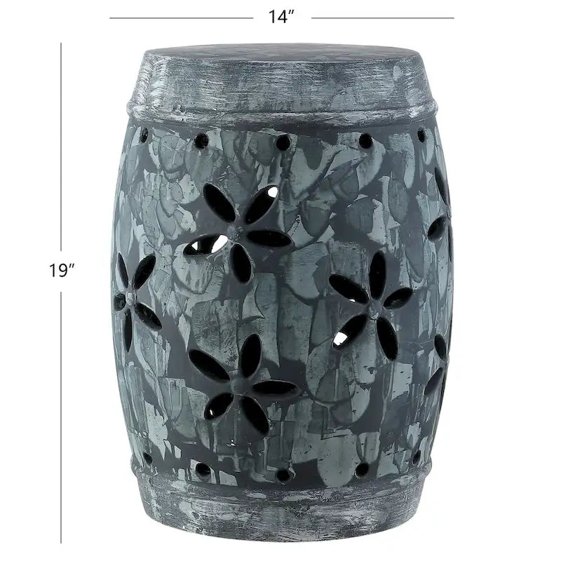Tabouret de jardin d'intérieur/extérieur en béton fleuri gris antique Delphia de SAFAVIEH