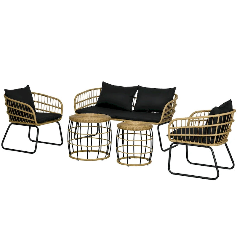 Outsunny Salon de Jardin 5 Pièces en Résine Tressée avec Chaises Rembourrées & Canapé, Ensemble de Meubles de Patio Modulable