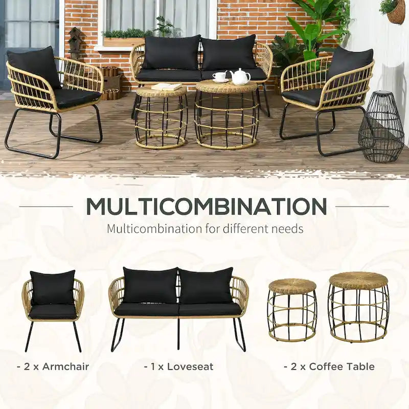Set di mobili da esterno Outsunny 5 pezzi in rattan PE con sedie imbottite e divanetto a 2 posti, set di mobili componibili da patio