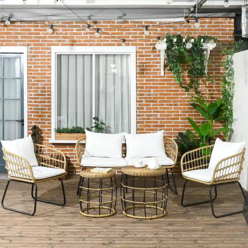 Outsunny Salon de Jardin 5 Pièces en Résine Tressée avec Chaises Rembourrées & Canapé, Ensemble de Meubles de Patio Modulable