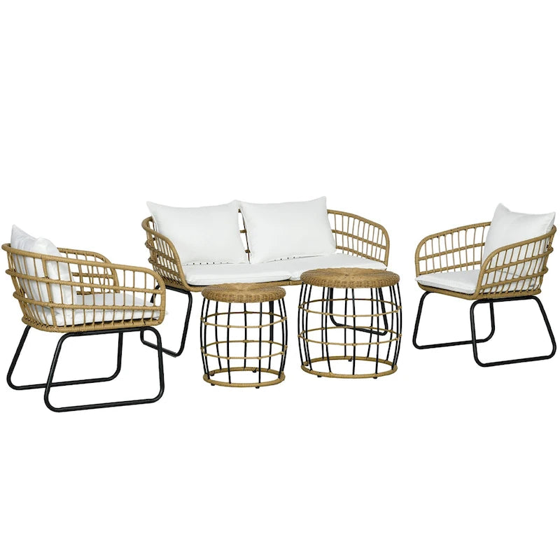 Outsunny Salon de Jardin 5 Pièces en Résine Tressée avec Chaises Rembourrées & Canapé, Ensemble de Meubles de Patio Modulable
