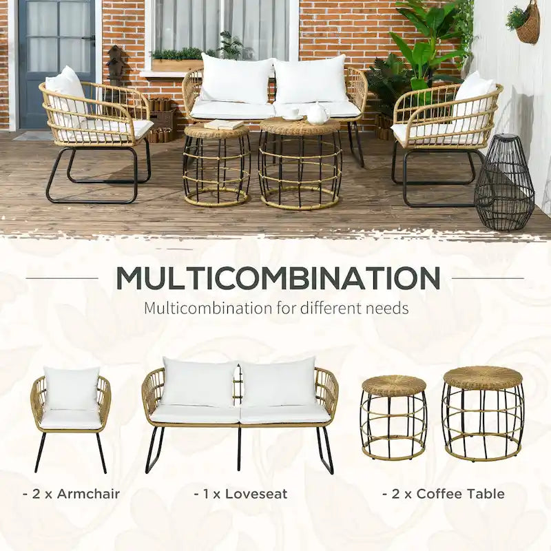 Outsunny Salon de Jardin 5 Pièces en Résine Tressée avec Chaises Rembourrées & Canapé, Ensemble de Meubles de Patio Modulable