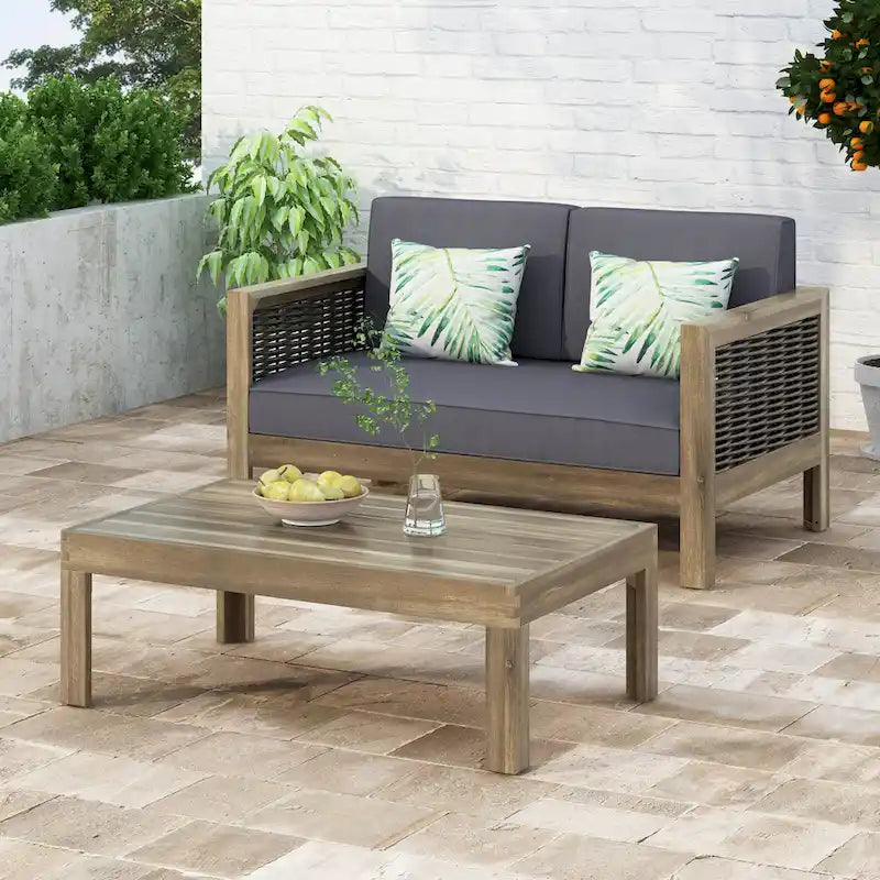 Linwood Acacia Wood and Wicker Outdoor Loveseat and Coffee Table Set with Cushions by Christopher Knight Home